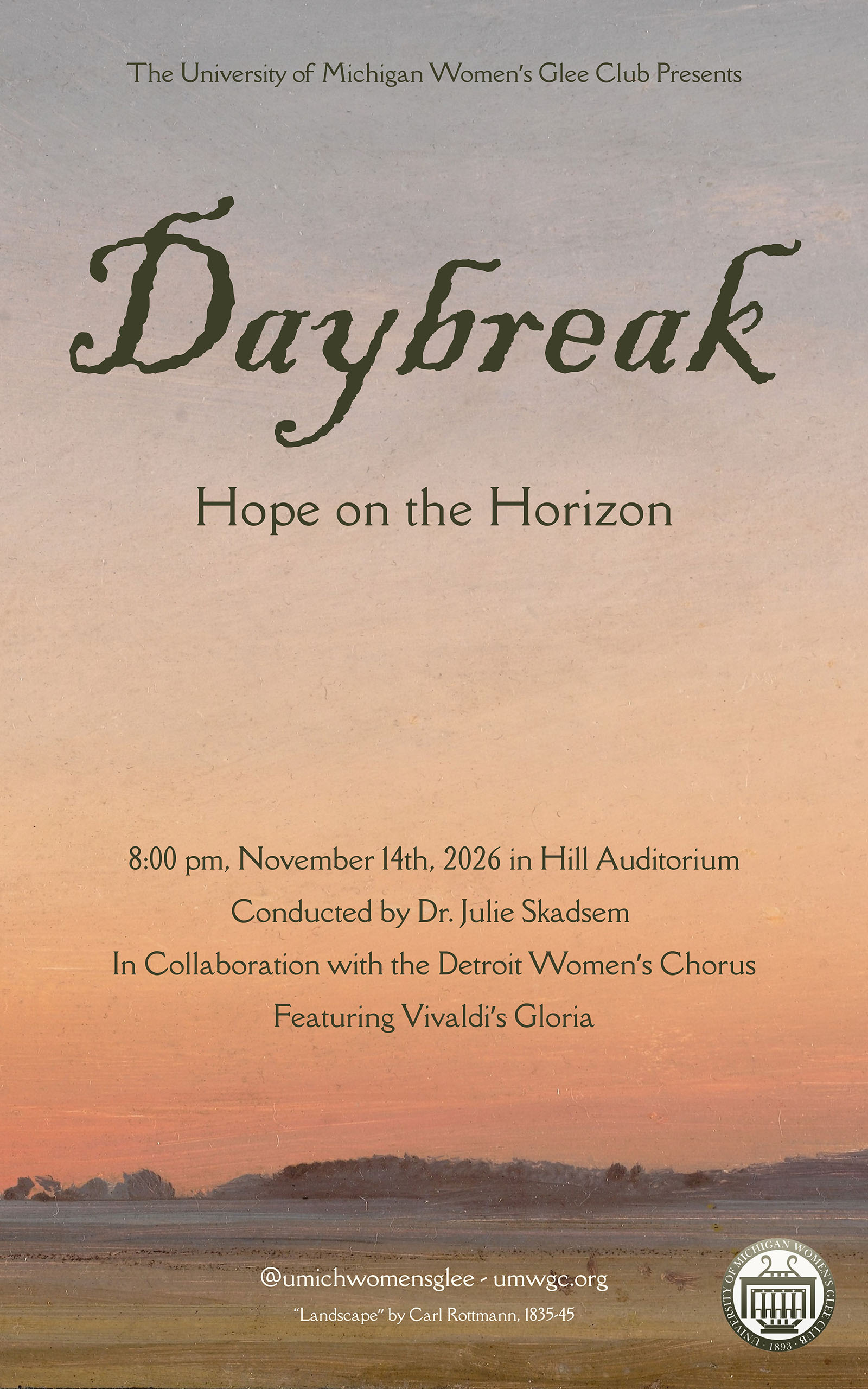 Event poster featuring a painting of a morning sky in the country - "Landscape" by Carl Rottman, 1835-45.